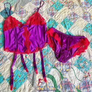 Vintage 70s/80s Glydons Hollywood Boned Lace Corset Garters + Panty Lingerie Set